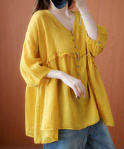 Simple yellow Tunic v neck lantern sleeve Plus Size Clothing blouse - bagstylebliss