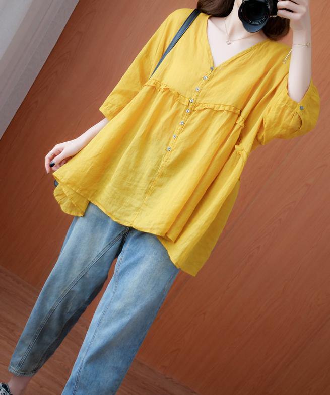 Simple yellow Tunic v neck lantern sleeve Plus Size Clothing blouse - bagstylebliss