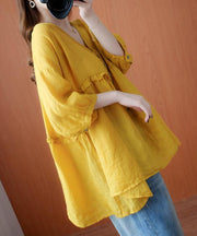 Simple yellow Tunic v neck lantern sleeve Plus Size Clothing blouse - bagstylebliss