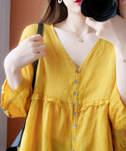 Simple yellow Tunic v neck lantern sleeve Plus Size Clothing blouse - bagstylebliss