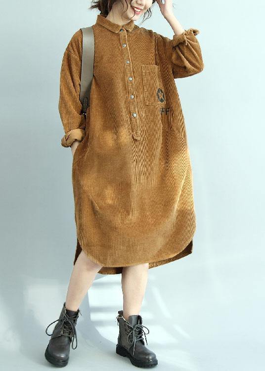 Simple yellow corduroy Tunic side open Knee fall Dresses - bagstylebliss