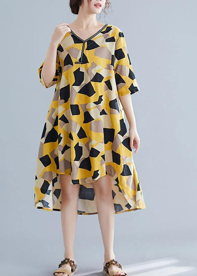 Simple yellow print cotton quilting clothes v neck half sleeve oversized summer Dress - bagstylebliss
