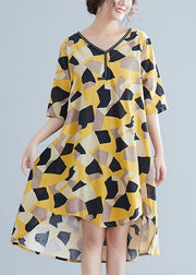 Simple yellow print cotton quilting clothes v neck half sleeve oversized summer Dress - bagstylebliss