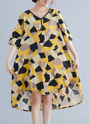 Simple yellow print cotton quilting clothes v neck half sleeve oversized summer Dress - bagstylebliss