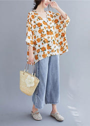 Simple yellow print top v neck Batwing Sleeve blouses - bagstylebliss