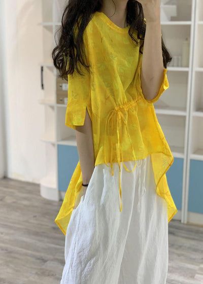 Simple yellow prints linen Long Shirts low high design box summer blouses - bagstylebliss