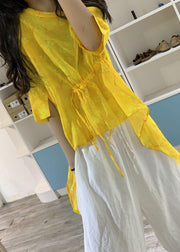 Simple yellow prints linen Long Shirts low high design box summer blouses - bagstylebliss