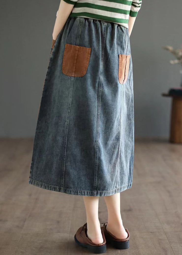 Simple Blue Pockets Patchwork A Line Fall Denim Skirts