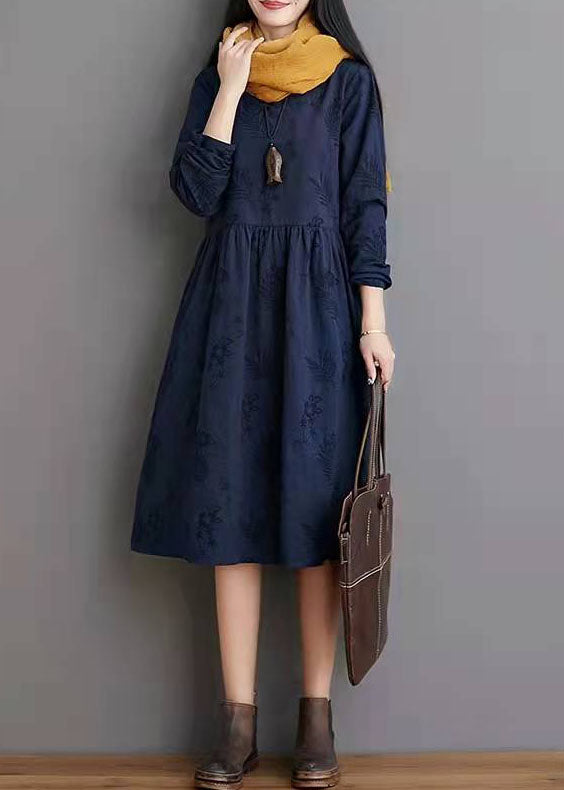 Simple linen clothes Women Jacquard Pleat Blue Linen Loose Dress