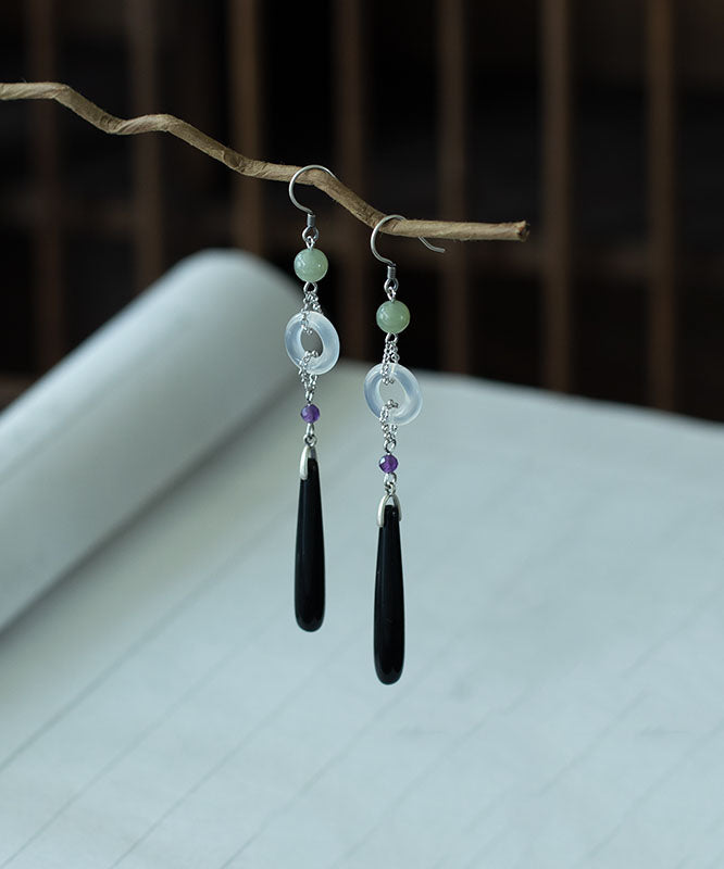 Skinny Black Sterling Silver Chalcedony Crystal Drop Earrings