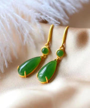 Skinny Green Sterling Silver Inlaid Jade Drop Earrings