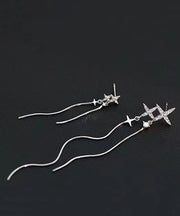 Skinny Silk Sterling Silver Zircon Asymmetry Stars Tassel Drop Earrings