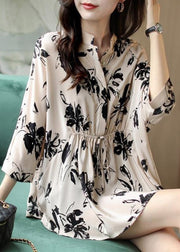 Slim Fit Beige Stand Collar Button drawstring Print Chiffon Shirt Spring