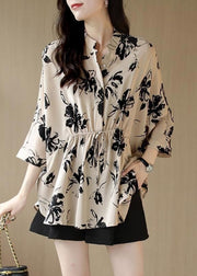 Slim Fit Beige Stand Collar Button drawstring Print Chiffon Shirt Spring