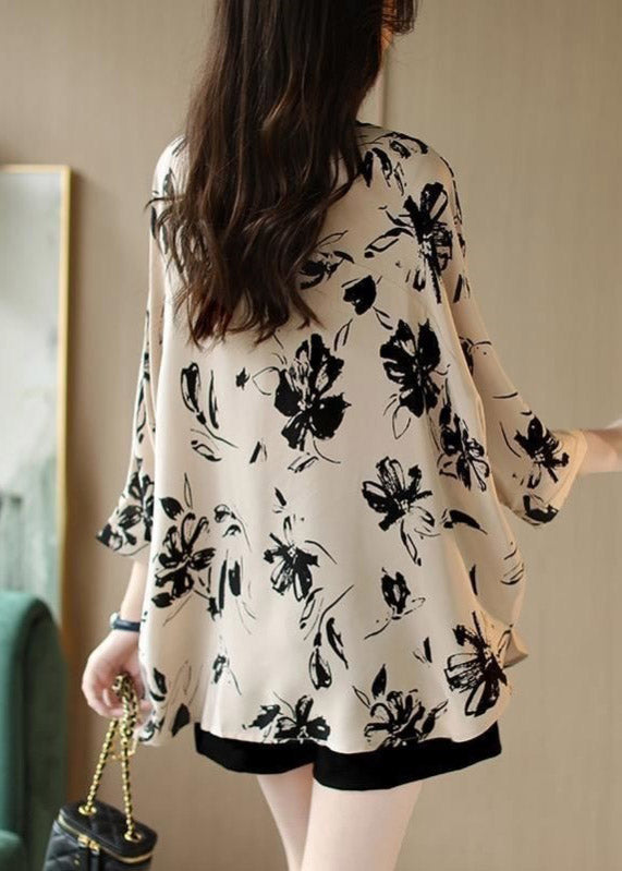 Slim Fit Beige Stand Collar Button drawstring Print Chiffon Shirt Spring