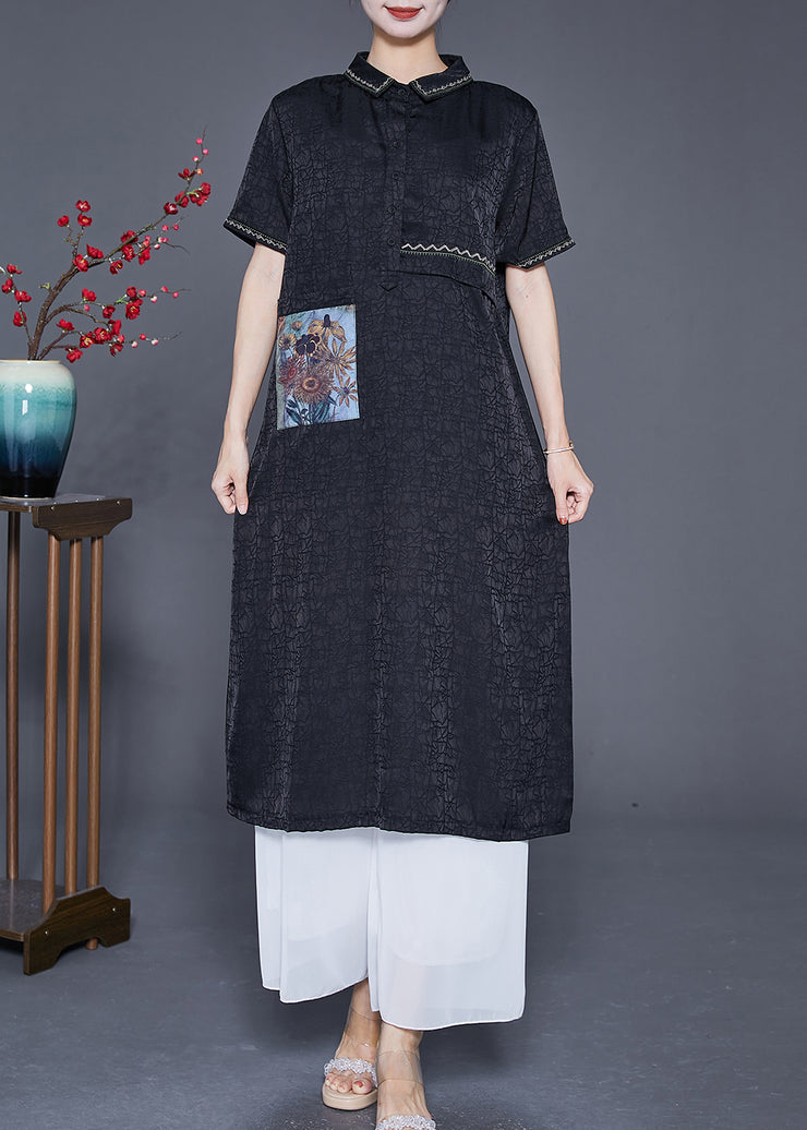 Slim Fit Black Embroidered Applique Silk Dresses Summer