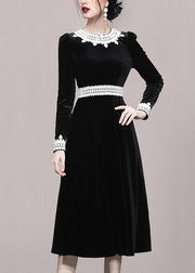 Slim Fit Black O-Neck Lace Patchwork Velour Dress Fall