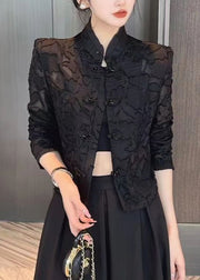 Slim Fit Black Stand Collar Embroidered Lace UPF 50+ Coats Long Sleeve