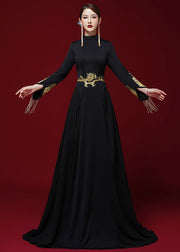 Slim Fit Black Stand Collar Patchwork Silk Mopping Fishtail Maxi Dress Long Sleeve