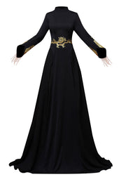 Slim Fit Black Stand Collar Patchwork Silk Mopping Fishtail Maxi Dress Long Sleeve