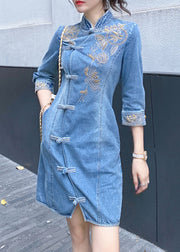 Slim Fit Blue Embroidered Floral Button Denim Mid Dresses Bracelet Sleeve