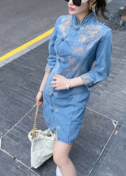 Slim Fit Blue Embroidered Floral Button Denim Mid Dresses Bracelet Sleeve