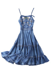 Slim Fit Blue Ruffles Embroideried Spaghetti Strap Cotton Denim Dresses Spring