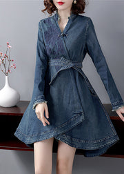 Slim Fit Blue V Neck Embroideried Sashes Cotton Denim Cinch Dress Long Sleeve