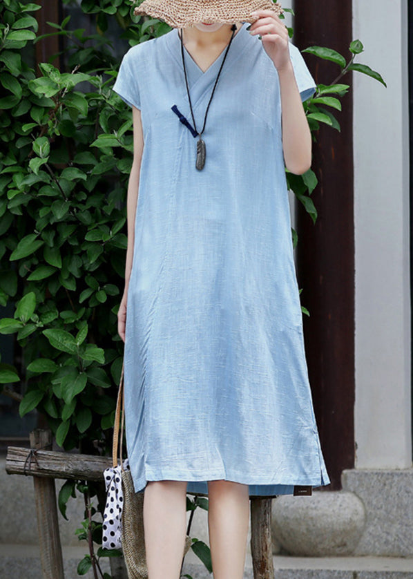 Slim Fit Blue V Neck Pocket Linen Dress Short Sleeve