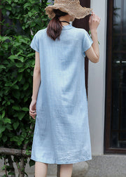 Slim Fit Blue V Neck Pocket Linen Dress Short Sleeve