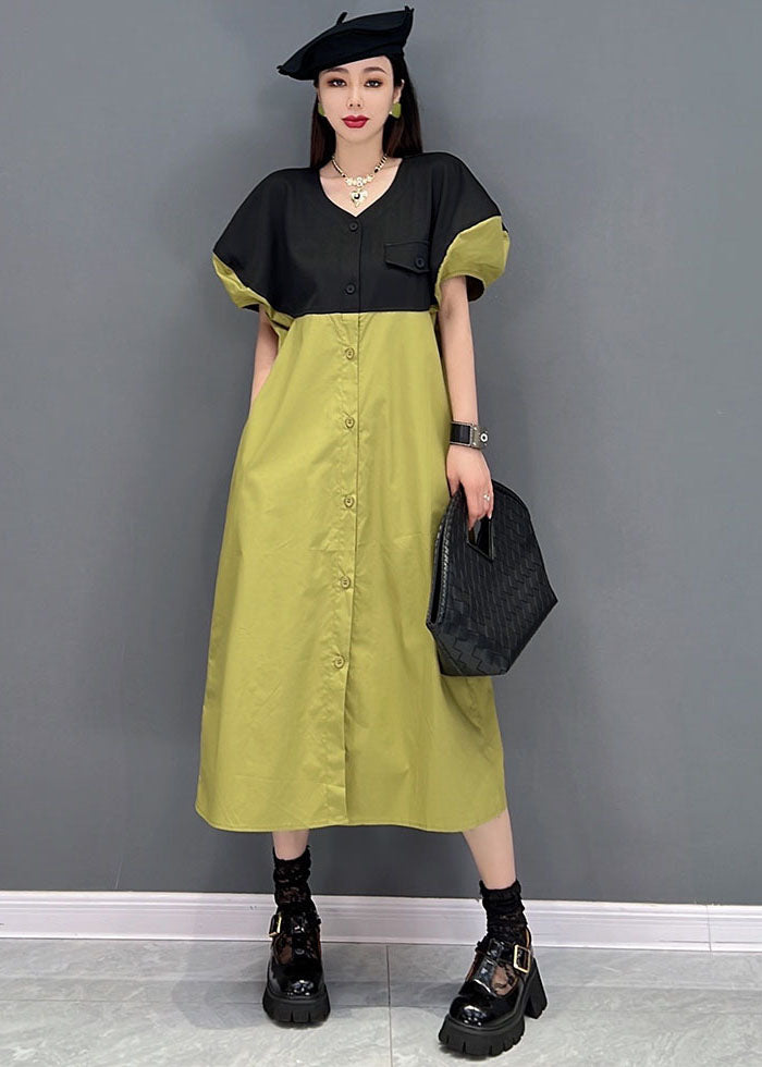 Slim Fit Green Colorblock V Neck Patchwork Sashes Cotton Shirt Dress Puff Sleeve