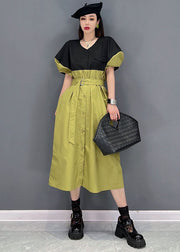 Slim Fit Green Colorblock V Neck Patchwork Sashes Cotton Shirt Dress Puff Sleeve