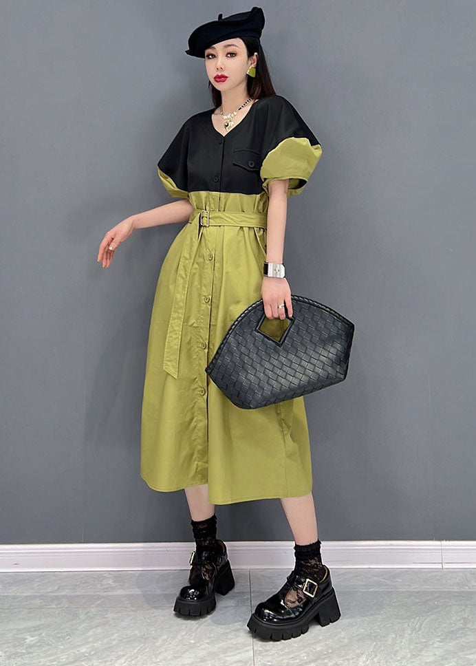 Slim Fit Green Colorblock V Neck Patchwork Sashes Cotton Shirt Dress Puff Sleeve