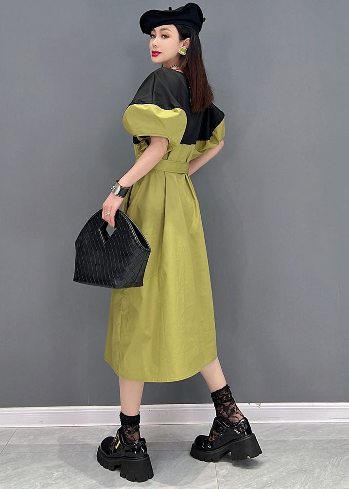 Slim Fit Green Colorblock V Neck Patchwork Sashes Cotton Shirt Dress Puff Sleeve