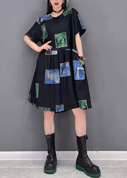 Slim Fit Green O-Neck Asymmetrical Print Wrinkled Pockets Dress Short Sleeve