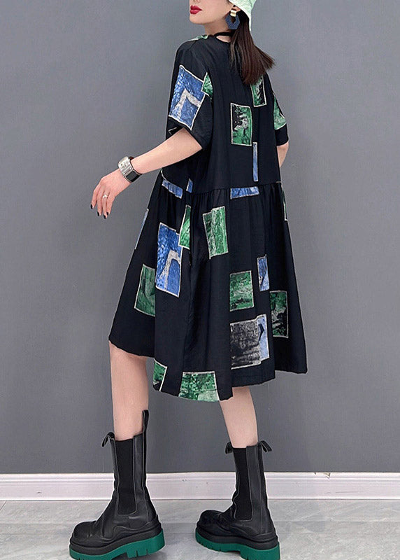 Slim Fit Green O-Neck Asymmetrical Print Wrinkled Pockets Dress Short Sleeve