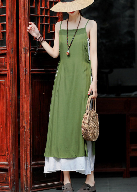 Slim Fit Green Patchwork Cotton Spaghetti Strap Dress Summer