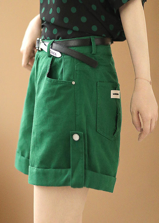 Slim Fit Green Solid Color High Waist Pockets Sashes Cotton Shorts Summer