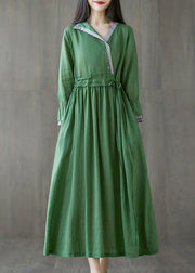 Slim Fit Green V Neck Tie Waist Asymmetrical Long Dress Long Sleeve