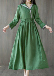 Slim Fit Green V Neck Tie Waist Asymmetrical Long Dress Long Sleeve