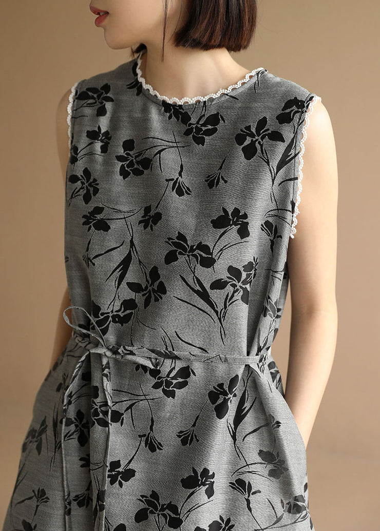 Slim Fit Grey Print Tie Waist Pockets Vacation Dresses Sleeveless