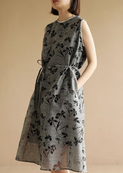 Slim Fit Grey Print Tie Waist Pockets Vacation Dresses Sleeveless