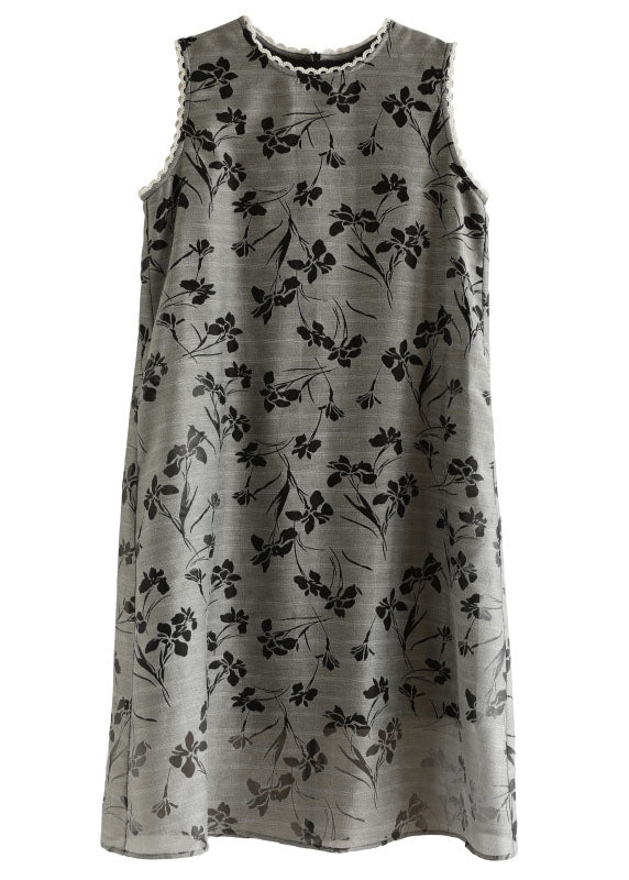 Slim Fit Grey Print Tie Waist Pockets Vacation Dresses Sleeveless