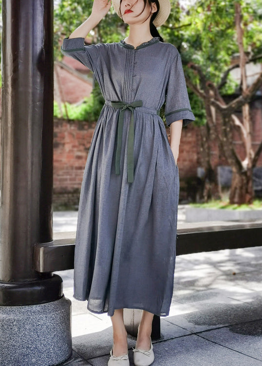 Slim Fit Grey Wrinkled Bow Ruffled Linen Vacation Dresses Half Sleeve