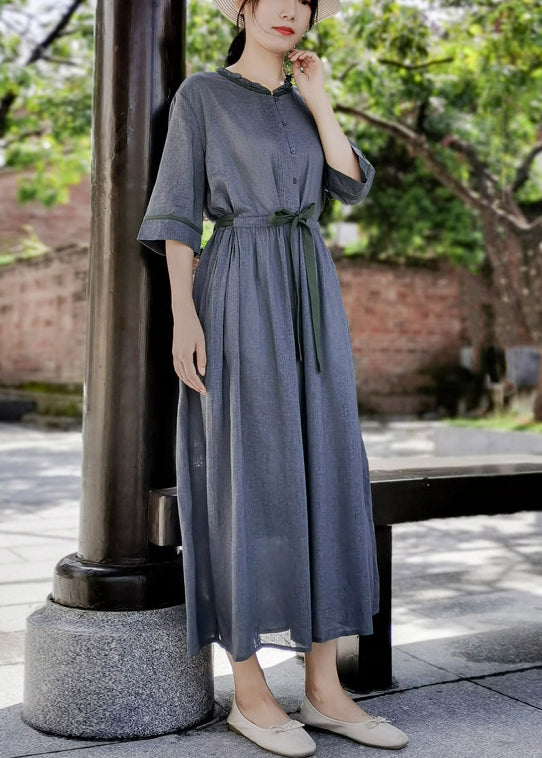 Slim Fit Grey Wrinkled Bow Ruffled Linen Vacation Dresses Half Sleeve