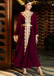 Slim Fit Maroon Asymmetrical Design Lace Patchwork Chiffon Maxi Dresses Long Sleeve