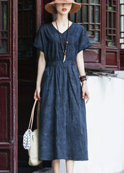 Slim Fit Navy Cinched Elastic Waist Pockets Cotton Dresses Short Sleeve