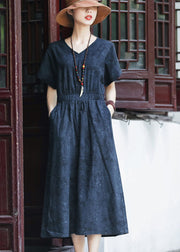 Slim Fit Navy Cinched Elastic Waist Pockets Cotton Dresses Short Sleeve