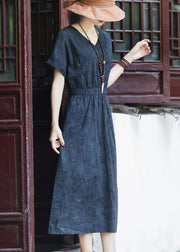 Slim Fit Navy Cinched Elastic Waist Pockets Cotton Dresses Short Sleeve