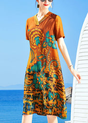 Slim Fit Orange V Neck Print Silk Mid Dresses Short Sleeve